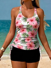 billige Tankinier-Dame Badetøy Tankini 2 stk Høy Midje Badedrakt Midjekontroll Høy Midje Tynn Åpen rygg Ferie Strand Klær Blomstret U-hals Ermeløs Badedrakter