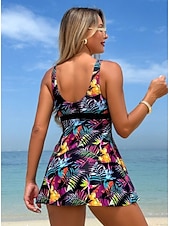 رخيصةأون السباحة-نسائي ملابس السباحة تانكيني 2 قطعة عالي الخصر ملابس السباحة بدون ظهر العطلة ملابس الشاطئ ورد الرسم V رقبة بدون كم بدلة سباحة