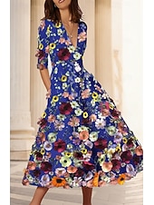 cheap Cocktail Dresses-A-Line Ankle Length Cocktail Dresses Party Dresses Elegant Vintage Floral Half Sleeve V Neck Wedding Formal Pink Dress Satin with Embroidery Pocket
