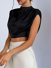 preiswerte Schicke Blusen-Damen Hemd Satinhemd Bluse Wickel-Crop-Top Gerafft Einfach Vintage Stilvoll Klassisch Kurzarm Hoher Ausschnitt Crop Tops Täglich Ferien Ausgehen Schwarz Weiß Marineblau Braun Grün Frühling Herbst