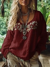 cheap Boho Tops-Women's Shirt Boho Shirt Blouse Print Graphic Bohemia Stylish Classic Long Sleeve V Neck Regular Tops Daily Holiday Going out Blue Black Light Green Wine Apricot Summer Spring Fall