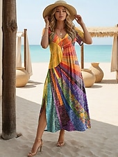 preiswerte Kunst &amp; Design Kleider-Damen Midikleid A Linie Kleid Lässig Täglich Normale Passform Blumen Abstrakt Kurzarm V Ausschnitt Schwarz Weiß Leicht Braun Orange Sommer Frühling