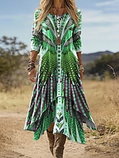 preiswerte Boho Kleid-Damen Midi Kleid Boho Shift Kleid Urlaub Party Lässig Täglich Feiertag Reguläre Passform Grafisch Geometrisch Langarm Rundhals V-Ausschnitt Blau Gelb Lila Grün Sommer Frühling Herbst
