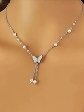 olcso Női nyaklánc-Női ötvözet műgyöngyös pillangós nyaklánc, finom Y-láncos kialakítás, arany és ezüst árnyalatok, elegáns minimalista stílus, tökéletes mindennapi viseletre, hétköznapi öltözékekhez és rétegezéshez