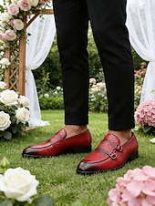 preiswerte Slipper-Rote Herren-Monk-Strap-Schuhe aus Kunstleder – elegante und stilvolle Schuhe für Hochzeiten und besondere Anlässe