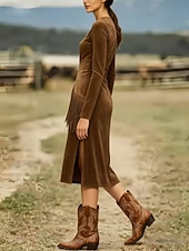 preiswerte Western Boho Kleid-Damen Midikleid Langes Kleid Maxikleid Vintage-Kleid Kleid aus Wildlederimitat Vintage Mode Täglich Outdoor Urlaub Normale Passform Einfach Langarm Rundhalsausschnitt Schwarz Braun Aprikose Sommer