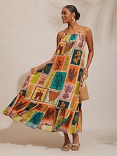 billige uformell kjole med trykk-Feriestrandelement løs passform i chiffong-camikjole