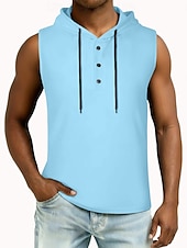 お買い得  ベーシックTシャツ-男性 ベストトップ ヘンリーパーカー ティートップ ノースリーブ フード付き 夏 純色 平織り ファッション デザイナー ベーシック ボタン フード付き カジュアル バケーション ストリート ブルー ブラック ホワイト メンズトップTシャツ