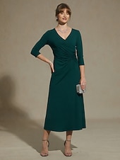 Women's Midi Dress Sheath Dress A Line Dress Elegant Daily Vacation Wedding Guest Regular Fit Solid Color 3/4 Length Sleeve V Neck Emerald Green