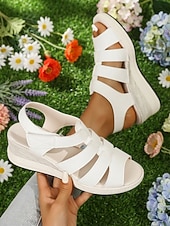 abordables Sandalias de cuña-Sandalias cómodas de cuña negras para mujer: zapatos de plataforma informales con soporte para ir de compras, viajar y usar a diario.
