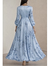 billige Cocktailkjoler-A-linje Gulvlengde Ankellengde Cocktailkjoler Elegant Blomster Langermet V-hals Hage fest Bryllup Sateng Cowlhals med Blomstertrykk