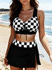 levne Tankiny-Dámské Plavky Bikiny 2 ks Sukně Plavky Zaštíhlující Vysoký pas Štíhlý Volná záda prázdniny Vinobraní Grafika Pléd Kopeček Bez rukávů Plavky