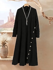 billiga midi svart klänning-Dam Midiklänning Svart klänning Vardagsklänning Elegant Mode Modern Utomhus Semester Utekväll Lös passning Slät Långärmad Hög krage Svart Kaki Vår Höst