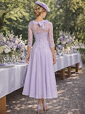 voordelige Enkel Lengte-Strak kolom Over de knie Feestjurk Cocktail jurk Bruiloft gast jurk Moeder van de bruid jurk 3/4 mouw Ronde hals Feest Zoet Bruiloft gast Semi formeel Chiffon Kant met Plooien Kralen