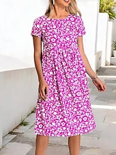 economico Abiti casual floreali-Per donna Abito Midi Abito Floreale Abito Stampato Moda Moderno All'aperto Vacanza Weekend Vestibilità comoda Floreale Manica Corta Girocollo Blu Rosso Viola Verde Estate Primavera