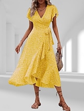 זול שמלות פרחוניות יומיומיות-בגדי ריקוד נשים שמלת מידי שמלת קז'ואל שמלת מעטפת שמלה פרחונית אלגנטית אופנתי מודרני בָּחוּץ חופשה ליציאה רגיל פרחוני שרוולים קצרים צווארון V שחור צהוב ורוד מסמיק אודם קיץ אביב