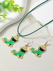 olcso kiegészítők-Női ötvözet anyagból készült Szent Patrik-napi nyaklánc és fülbevaló szett lóhere, kalap és lóhere mintákkal, tökéletes Szent Patrik-napra, mindennapi viseletre és ünnepi alkalmakra.