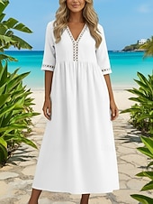 cheap Dresses-Women's 100% Cotton  Midi Dress Cotton Linen Dresses Shift Dress Fashion Modern Outdoor Vacation Going out Loose Fit Plain Half Sleeve V Neck Neon Yellow White Pink Green Summer Spring