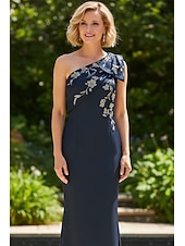 cheap Floor Length-Sheath Column Floor Length Formal Dresses Evening Gown Mother of the Bride Dress Sleeveless One Shoulder Elegant Vintage Formal Satin with Bow(s) Embroidery