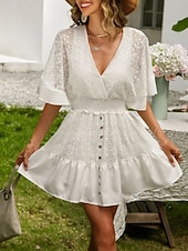 cheap Plain Dress-Women's Mini Dress A Line Dress Vacation Casual Outdoor Going out Regular Fit Solid Color 3/4 Length Sleeve V Neck Black White Pink Beige Summer Spring