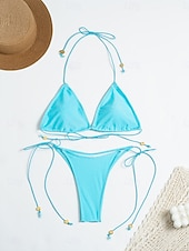 preiswerte Bikini-Sets-Damen Badeanzug Bikini Zweiteilig Tanga Bademode Schlank Rückenfrei Urlaub Strandbekleidung Einfarbig V Ausschnitt Ärmellos Badeanzüge