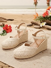 abordables Femmes-Espadrilles compensées blanches en dentelle pour femmes - élégantes sandales à plateforme crochetées à bout fermé et bride cheville, chaussures confortables pour les vacances d'été à la plage.