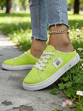 economico Sneakers da donna-Sneakers slip-on da donna in tela verde con lacci – comode scarpe da ginnastica senza schienale, ideali per passeggiate, shopping, corse a scuola e giornate estive informali