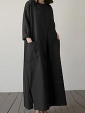 זול שמלות פו המהותיות-בגדי ריקוד נשים שמלת מיני פשתן כותנה דמוי עור שמלת שיפט יום יומי יומי מונח בצורה רפויה אחיד שרוול ארוך צווארון עגול קצר שחור כתום ירוק צבאי משמש קיץ אביב סתיו