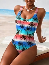 Недорогие Монокини-Жен. Купальники Один кусочек Брифы купальник Одежда для пляжа лето Графика тропический U-образный вырез Без рукавов Купальники