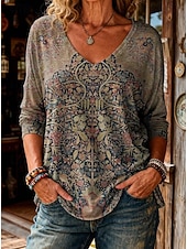 preiswerte Boho-T-Shirt-Damen Boho T-Shirt Floral Grafisch Pflanzen Vintage Stilvoll Lässig Langarm V-Ausschnitt Reguläre Oberteile Täglich Wochenende Druck Blau-Schwarz Rot Braun Sommer Frühling