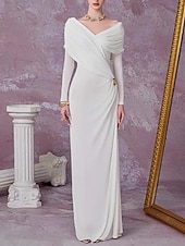  Футляр В пол Свадебное платье для гостей Маленькое белое платье Элегантный стиль Маленькие белые платья Длинный рукав С открытыми плечами Свадьба с Рюши