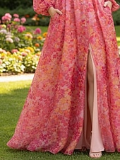tanie Suknie wieczorowe w kształcie A-Krój A Sięgająca podłoża Suknia formalna Elegancja Bez rękawów W serek Impreza w ogrodzie Ślub Kieszonki Organza z Plisy Rozcięciem Nadruk