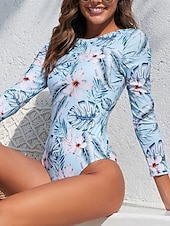 tanie Stroje kąpielowe jednoczęściowe-Damskie Stroje kąpielowe Jeden kawałek Monokini Kostium kąpielowy Wyszczuplenie brzucha Wysoka talia Szczupła Odkryte plecy Urlop Stroje plażowe Kwiaty Okrągły dekolt Długi rękaw Kostiumy kąpielowe