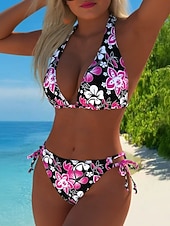 abordables Ensemble de bikinis-Femmes Maillots de Bain Bikini 2 pièces Coquin Maillot de bain Mince Dos nu Vacances Tenues de plage Fleuri Col Halter Sans manches Maillots de bain