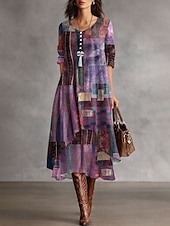 voordelige Strepen- en geometrische jurk-Dames Halflange jurk Hemdjurk Casual Feestdagen Ruim Passend Grafisch Geometrisch Lange mouw Strakke ronde hals Geel Rood Paars Khaki Lente Herfst Winter
