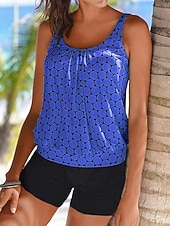 baratos Tankinis-Mulheres Roupa de Banho Tankini 2 partes Cintura Alta roupa de banho Compressão abdominal Cintura Alta Delgado Frente Única Férias Roupa de Praia Geométrico Decote V Sem Manga Fatos de banho