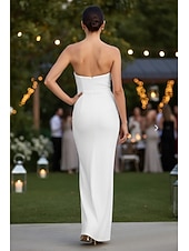  Tubino Colonna Lunghezza al pavimento Abito Bianco Piccolo vestito bianco Elegante Schiena Scoperta Senza Maniche Senza Spalline Matrimonio Formale Crepe Elasticizzato Senza schiena con Volant