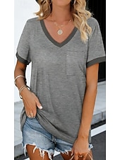 voordelige Effen t-shirt-Dames T-shirt Lapwerk Zak Kleurenblok Effen Kleur Stijlvol Casual Korte mouw V-hals Lange tops Dagelijks Uitgaan Zwart Wit Rood Grijs Zomer Lente