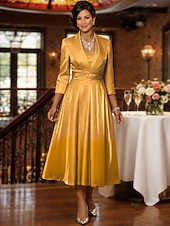 baratos Conjuntos de vestidos para mamãe-Duas Peças Linha A Longuette Vestido de convidada de casamento Vestido Para Mãe dos Noivos Manga 3/4 Decote Quadrado Elegante Vintage Tamanhos Grandes Convidado do casamento Vestidos de jaqueta com