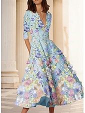 cheap Cocktail Dresses-A-Line Ankle Length Cocktail Dresses Party Dresses Elegant Vintage Floral Half Sleeve V Neck Wedding Formal Pink Dress Satin with Embroidery Pocket