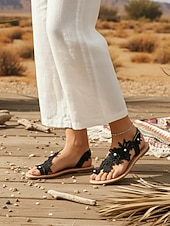 tanie Panna młoda-damskie białe koronkowe sandały ślubne z kwiatowym wzorem – ręcznie robione płaskie sandały ślubne na plażę i wesela w stylu boho