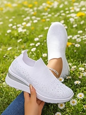 economico Sneakers da donna-Per donna Casuale Quotidiano Passeggiata Strass Plateau Zeppa Punta Tonda Casual Comfort Tessitura Volante Mocassino Nero Bianco Rosa