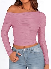 tanie gładka koszulka-Damskie Podkoszulek Koszulka Jednokolorowe Elegancja Moda Elegancki Długi rękaw Z odsłoniętymi ramionami Zwykłe topy Codzienny Wyjściowe Weekend Czarny Biały Rumiany róż Zieleń wojskowa Czerwony