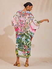 levne potisk neformálních šatů-růžový splývavý šifonový kaftan s diamanty a vzorem džungle