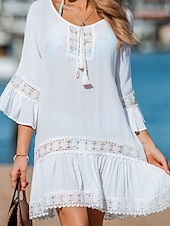 cheap Beach Dresses-Women's Mini Dress White Dress Beach Dress Cover Up Elegant Fashion Classic Flare Cuff Sleeve Daily Outdoor Beach Loose Fit Plain Half Sleeve Crew Neck White Summer Spring