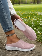 Недорогие Женские кроссовки-Женские дышащие вязаные прогулочные туфли без шнурков – легкие эластичные сетчатые мюли для путешествий, повседневной носки, покупок и прогулок на свежем воздухе.