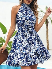billiga Casual blommiga klänningar-Dam Mini klänning A linjeklänning Blommig klänning Halter Neck Klänning Elegant Mode Modern Utomhus Semester Utekväll Normal Blommig Ärmlös Halterneck Blå Gul Rodnande Rosa Sommar Vår