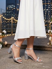 halpa Morsian-Naisten norsunluunväriset kristallipalikkakorkosandaalit, elegantit nilkkaremmillä varustetut hääkengät moderneihin kaupunkihäihin