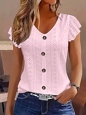 baratos Camiseta lisa-Mulheres Camiseta T-shirt Frufru Ilhó Botões Tecido Moda à moda Clássico Manga Curta Decote V Tops regulares Diário Para Noite Final de semana Branco Amarelo Rosa Azul Céu Verde Verão Primavera