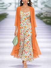 preiswerte Kunst &amp; Design Kleid-Damen Midikleid A Linie Kleid Urlaub Lässig Boho Party Normale Passform Ombre Blumen Grafik Dreiviertelarm V Ausschnitt Blau Orange Sommer Frühling Herbst